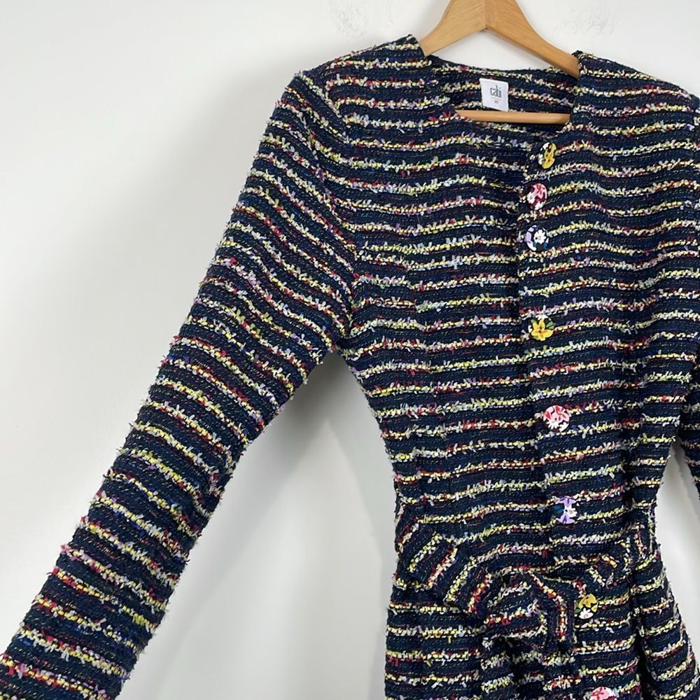 CAbi Coat Headline Topper Belted Women’s 10 Multi-Stripe Lined Thigh Length - Picture 5 of 11